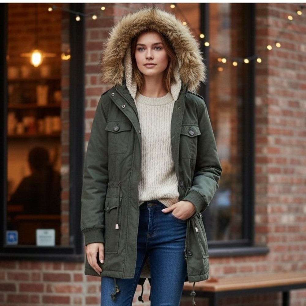 GH Bass & Co Parka Faux Fur Hood Women's M Full Zip Fleece Winter‎ Coat Pockets